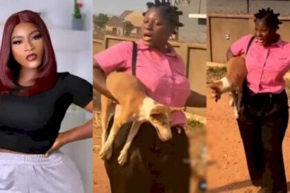 "Imagine carrying village Ekuke" - Actress, Destiny Etiko fidgets as she shoots movie scene with dogs (Video)