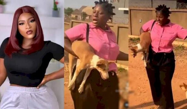 "Imagine carrying village Ekuke" - Actress, Destiny Etiko fidgets as she shoots movie scene with dogs (Video)