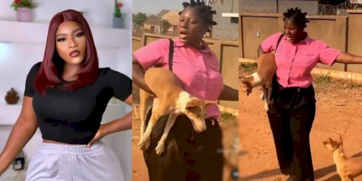 "Imagine carrying village Ekuke" - Actress, Destiny Etiko fidgets as she shoots movie scene with dogs (Video)