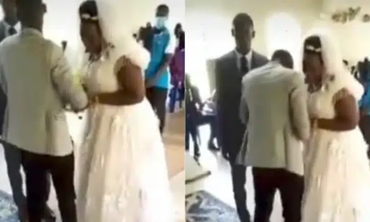 "Na she know wetin her eyes don see" - Drama as bride breaks down in uncontrollable tears during wedding (Video)