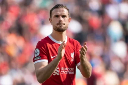 Jordan Henderson of Liverpool applauds the fans after the Premier League match between Liverpool FC and Aston Villa at Anfield on May 20, 2023 in Liverpool, England. (Photo by Visionhaus/Getty Images)