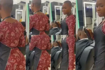 "U dey do home service abeg?" - Reactions as curvy lady barber whines waist as she trims customer's hair (Video)