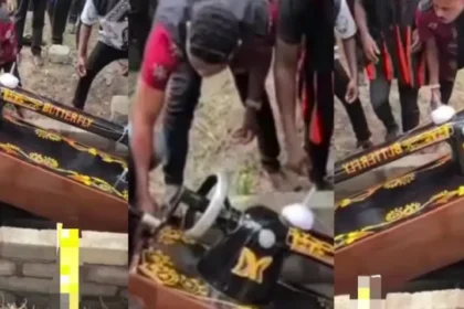 "E wan dey sew garment for heaven?" - Netizens react as Tailor is buried inside sewing machine shaped coffin (Video)