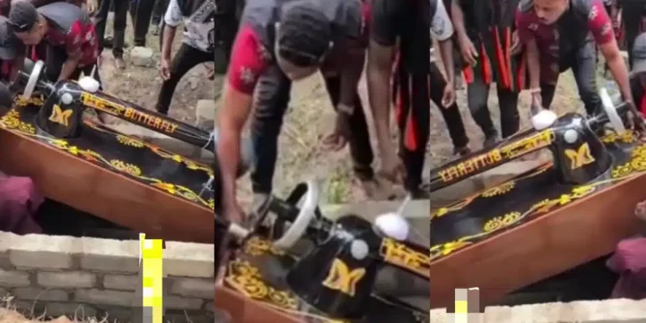 "E wan dey sew garment for heaven?" - Netizens react as Tailor is buried inside sewing machine shaped coffin (Video)