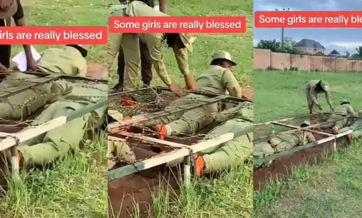 Moment endowed corper's backside gets stuck, causes holdup during Man O' War drill (Video)