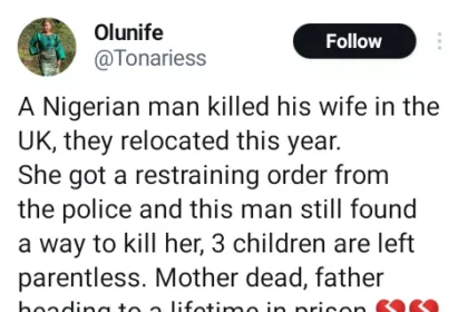 Nigerian man reportedly kills his wife in UK months after relocation