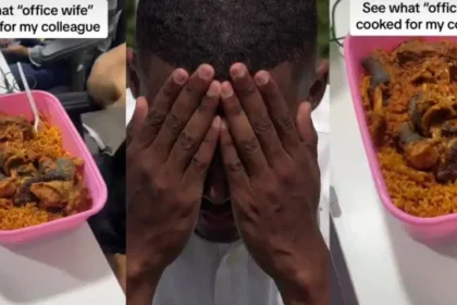 Drama as Nigerian man's 'office wife' surprises him with jollof rice and several assorted meats