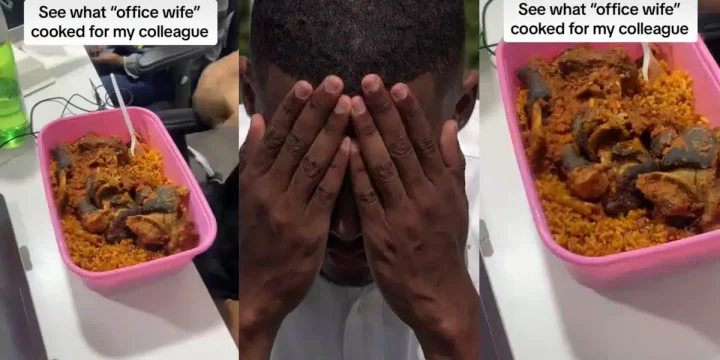 Drama as Nigerian man's 'office wife' surprises him with jollof rice and several assorted meats