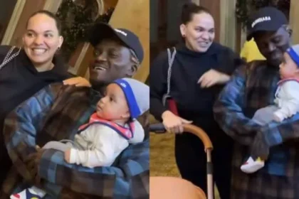 Moment caucasian lady requests for photo with Portable, asks him to carry her baby