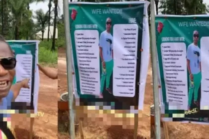 Speed Darlington persists in his hunt as he erects signpost in village declaring his search for a wife