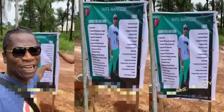 Speed Darlington persists in his hunt as he erects signpost in village declaring his search for a wife