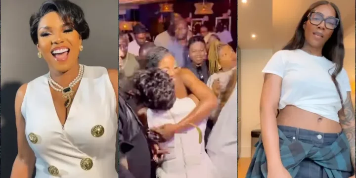 Moment Tiwa Savage surprises Iyabo Ojo at her all-white birthday party