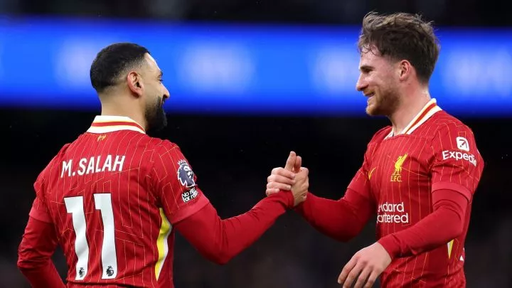 Liverpool striker Mohamed Salah celebrates against Manchester City