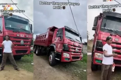 Young man celebrates as he acquires tipper truck