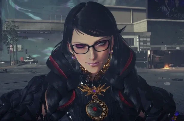 Bayonetta winking at the player in a Bayonetta 3 trailer.