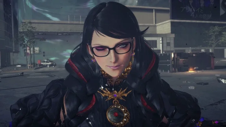 Bayonetta winking at the player in a Bayonetta 3 trailer.